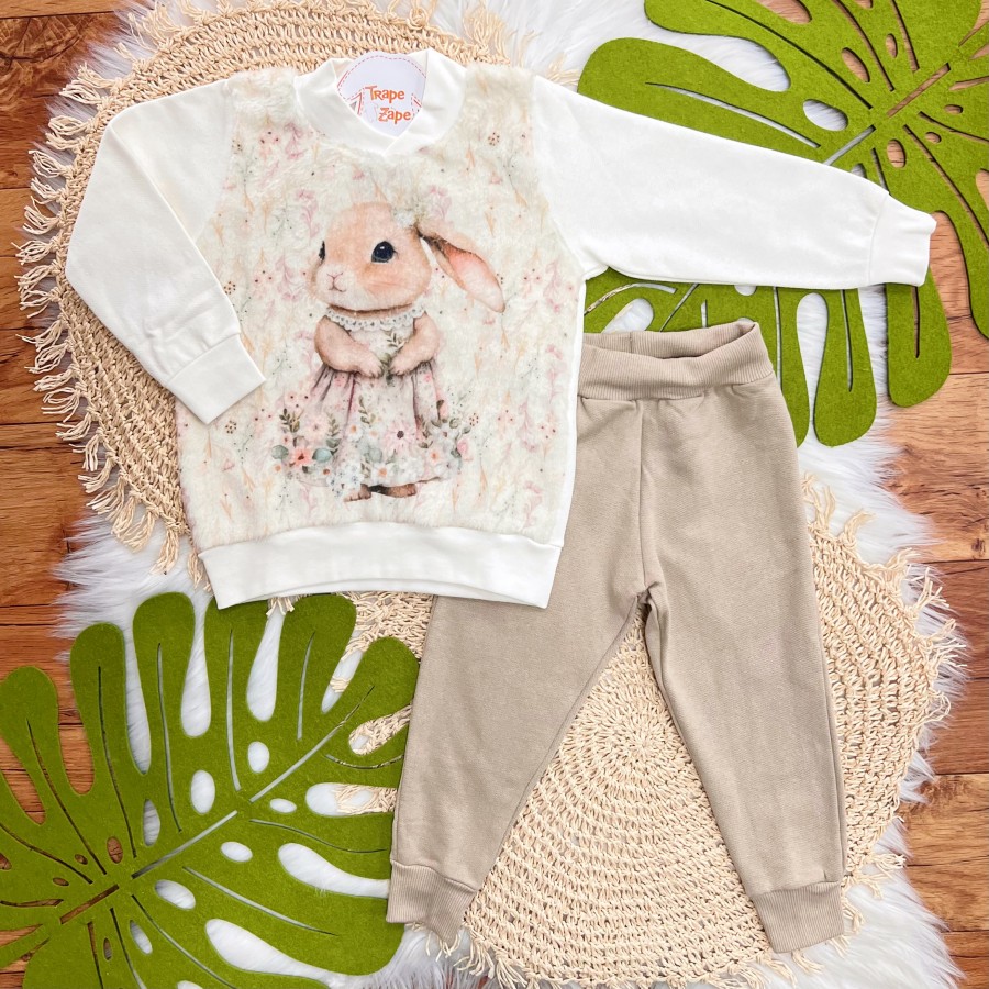 Conj. Blusa de Moletom com Pelinho Coelhinha e Calça de Moletinho - Off White e Areia